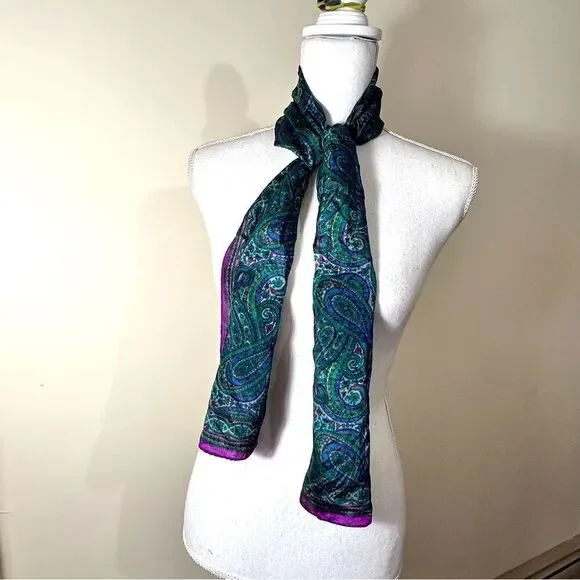 Vintage Harvé Benard Green and Purple Paisley Silk evening scarf - Picture 2 of 11